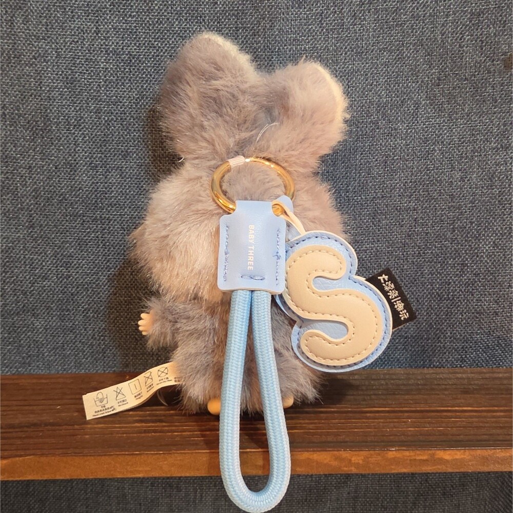 Baby Three Super Mini Bunny Letter S Gray Plush Bag Charm Pendant - Picture 4 of 16